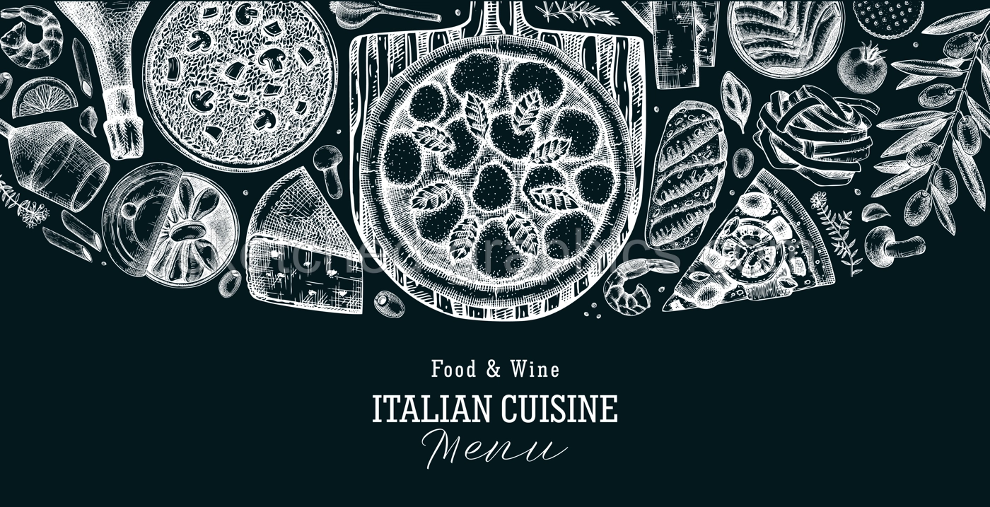 Hand drawn pizza, pasta and risotto border on chalkboard. Italian cuisine vector background. Mediterranean food ingredients - cheese, olives, canape, tinned fish. Trendy menu design template Illustration